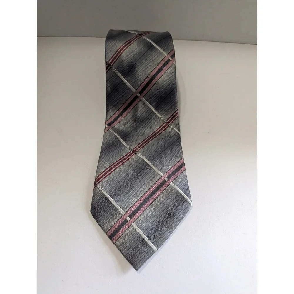 George Mens Silk Necktie Grey Burgundy White Plaid Striped Handmade Classic Tie